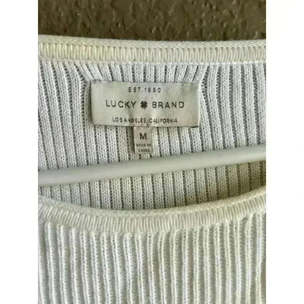 Lucky Brand Women’s Med White Ribbed Knit Knot Front‎ Long Sleeves Sweater